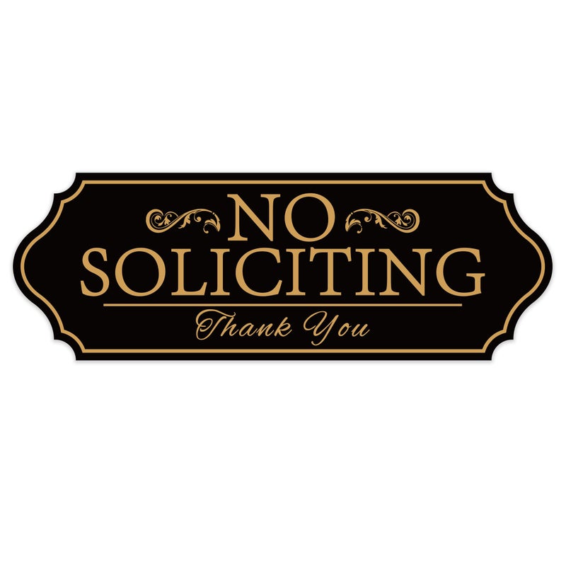 LUHIMO No Soliciting Sign for Front Door, Self-Adhesive Vinyl No Solicitors Modern Sign for House,Home, Business, Apartments,and Office Door (Black Gold) - Image 1